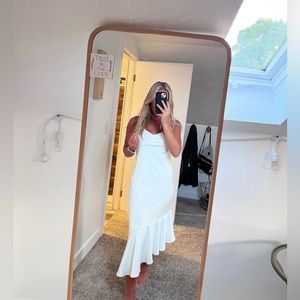 Lulus White Satin Asymmetrical Tiered Midi Dress